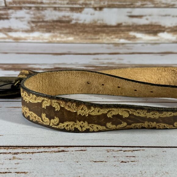 Vera Pelle Mens Leather Maltese Cross Belt Crystals Amber Buckle Italia 32” - Picture 5 of 5